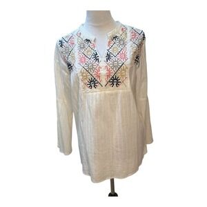 PROJECT EVE Embroidered Tunic Top Off White Bell Sleeve Cotton Women's M